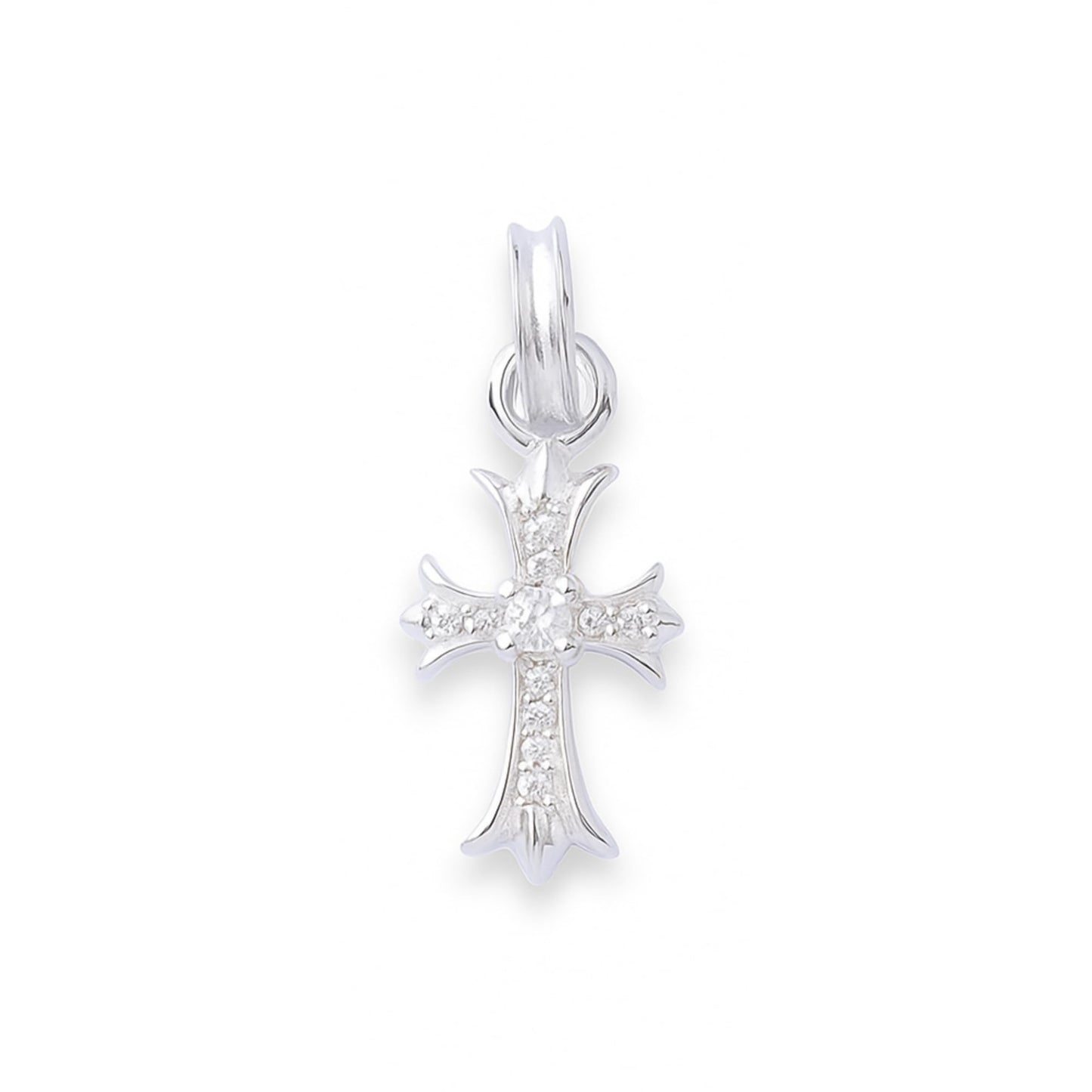 Silver cross pendant with pavé stones on arms and round sparkle center