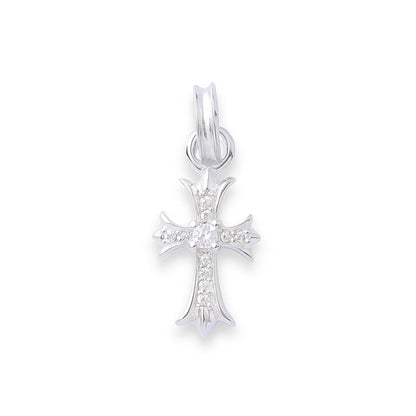 Silver cross pendant with pavé stones on arms and round sparkle center