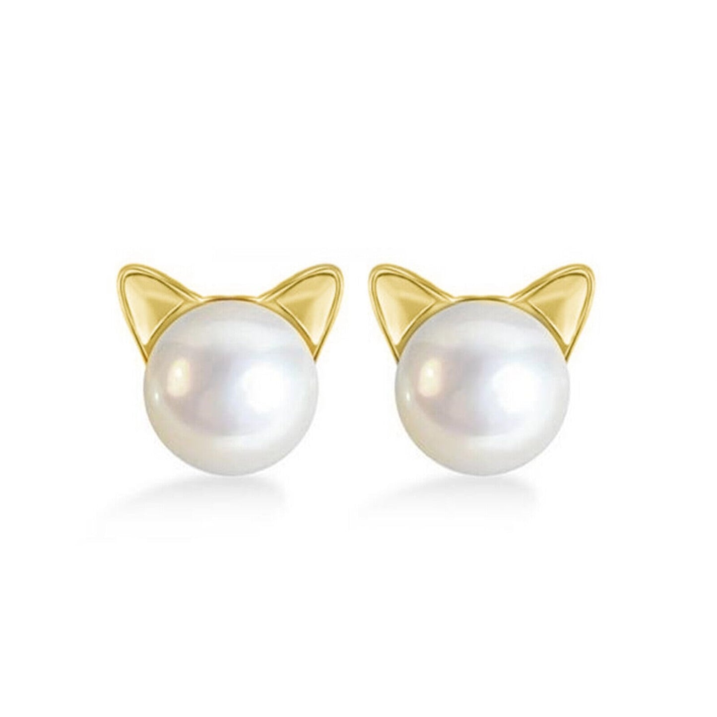 Cat pearl stud earrings with gold-tone cat ear frames and round white pearl centers
