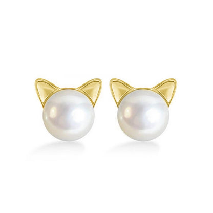 Cat pearl stud earrings with gold-tone cat ear frames and round white pearl centers