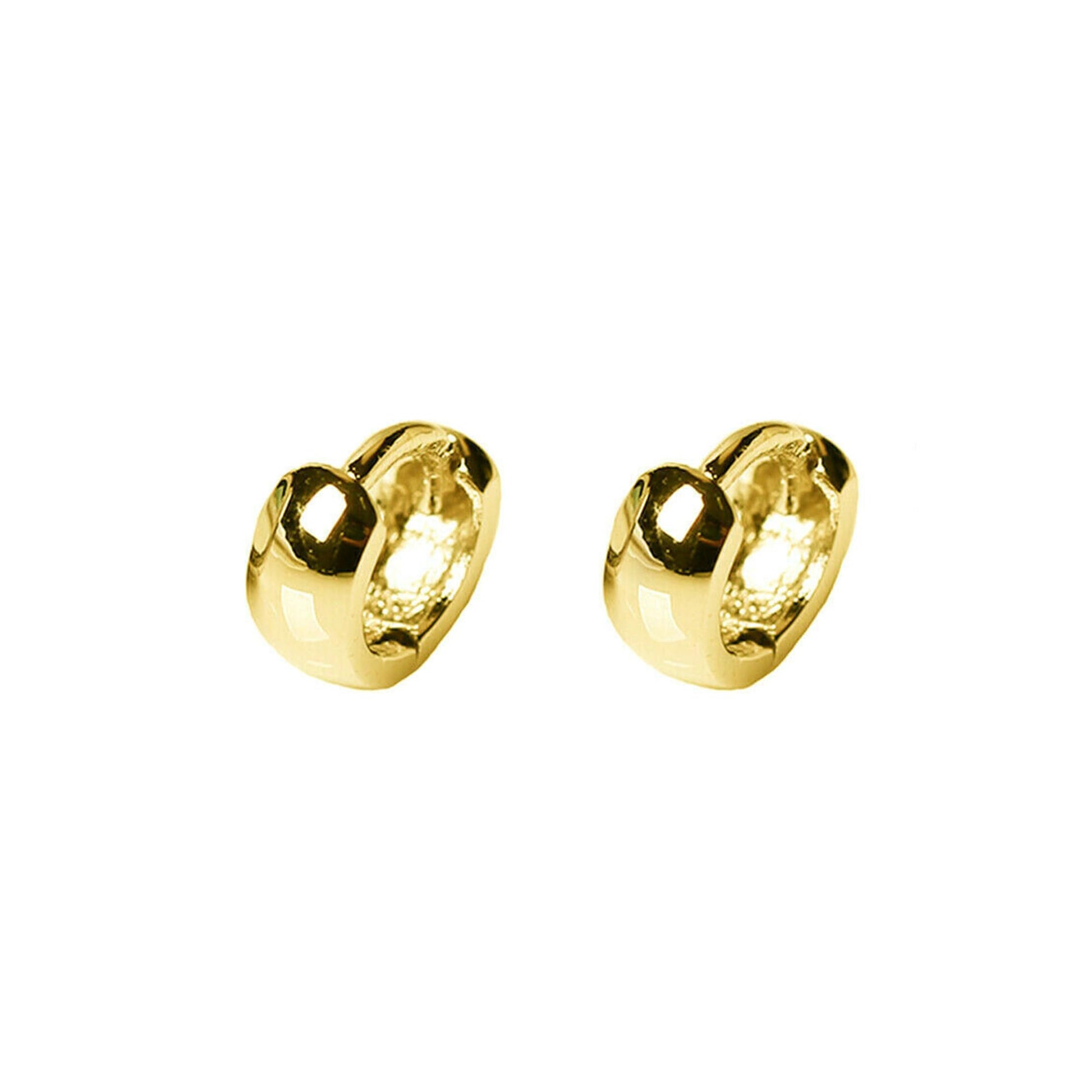 Gold-tone bold huggie hoop earrings, side view showing clasp detail