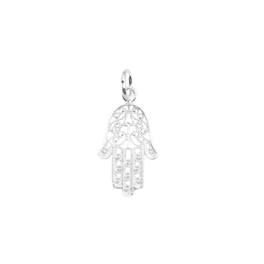 Hamsa Hand of Fatima charm, silver-tone filigree design with detailed cutouts