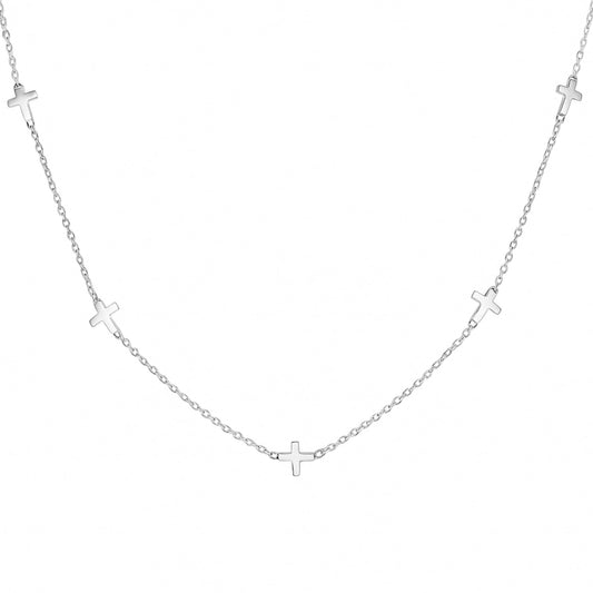 Mini Sideways Cross necklace with small cross charms on silver chain