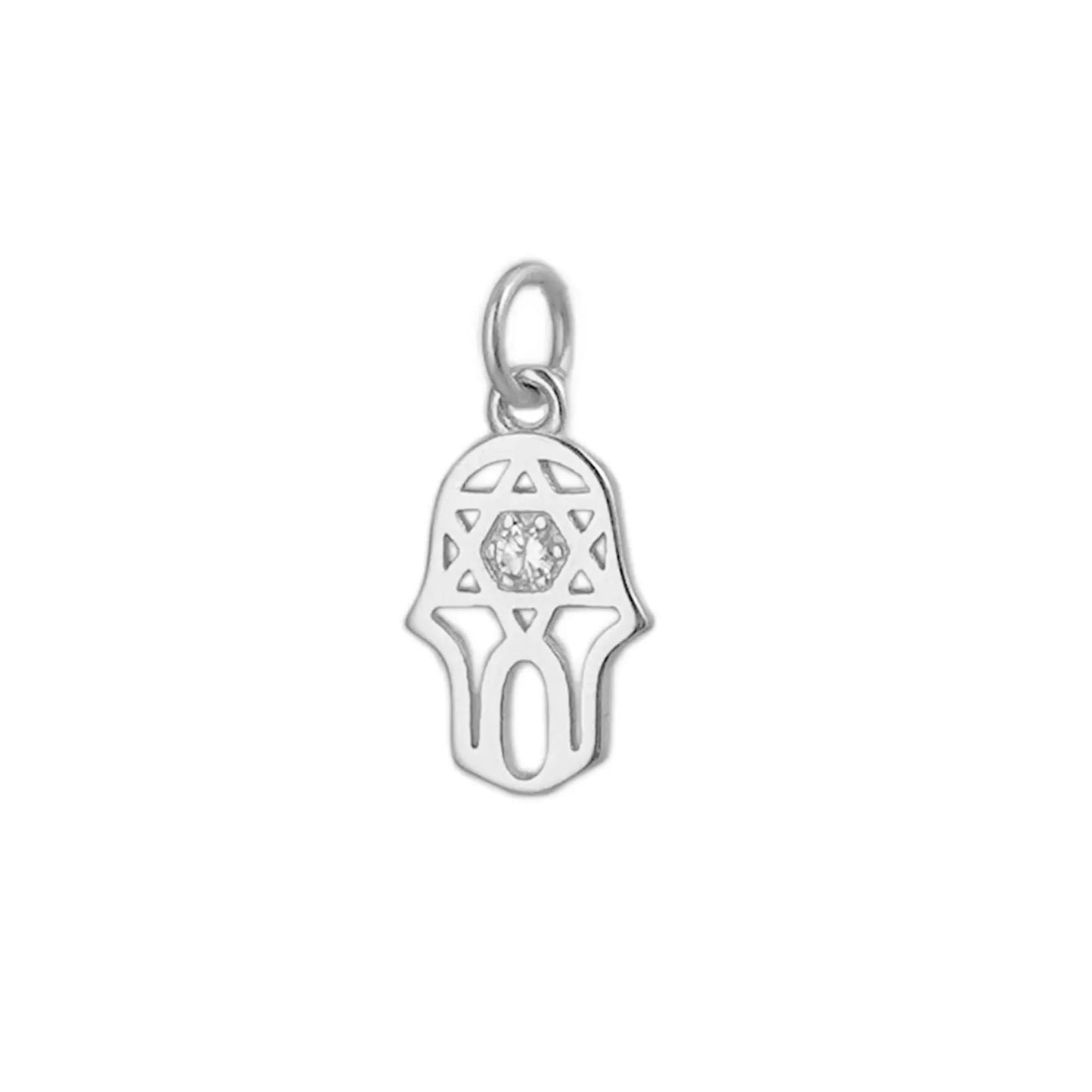 Silver hamsa protection charm pendant with central clear stone