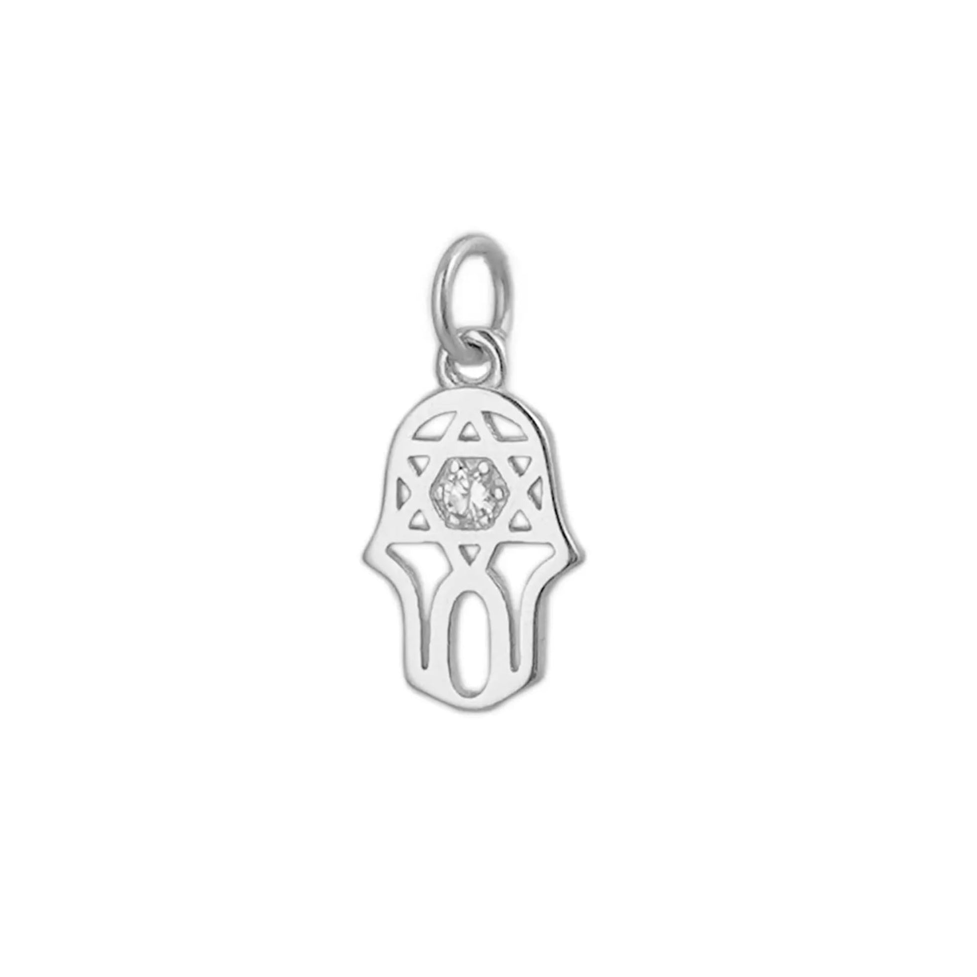 Silver hamsa protection charm pendant with central clear stone