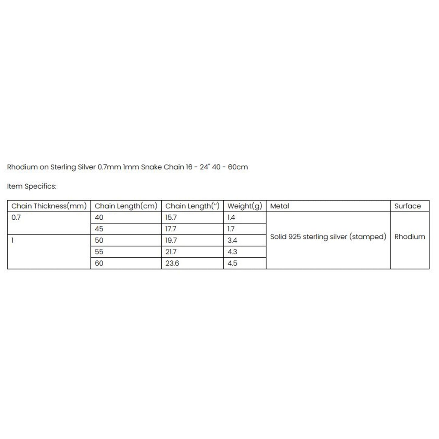 Specification table for 0.7mm snake chain necklace, showing lengths and weight