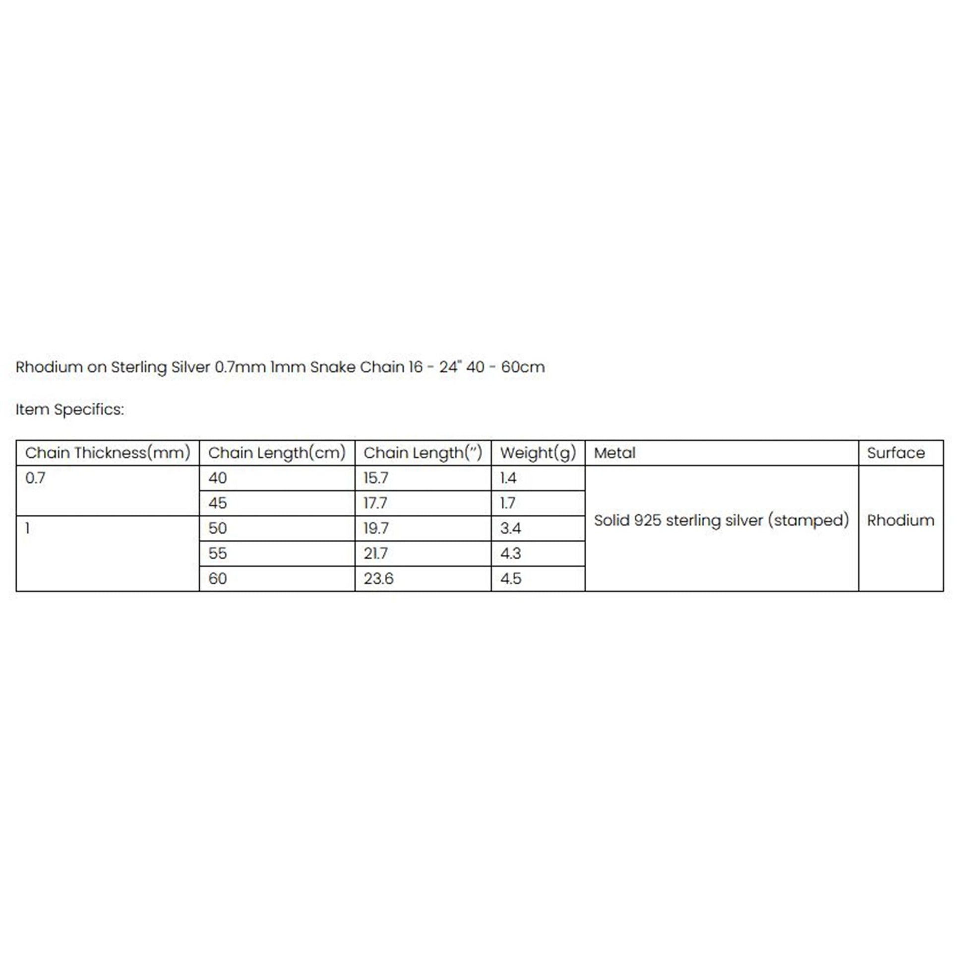 Specification table for 0.7mm snake chain necklace, showing lengths and weight