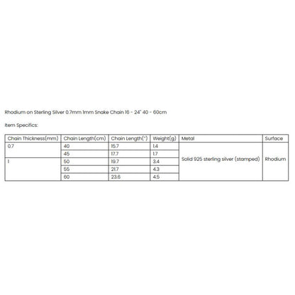 Specification table for 0.7mm snake chain necklace, showing lengths and weight