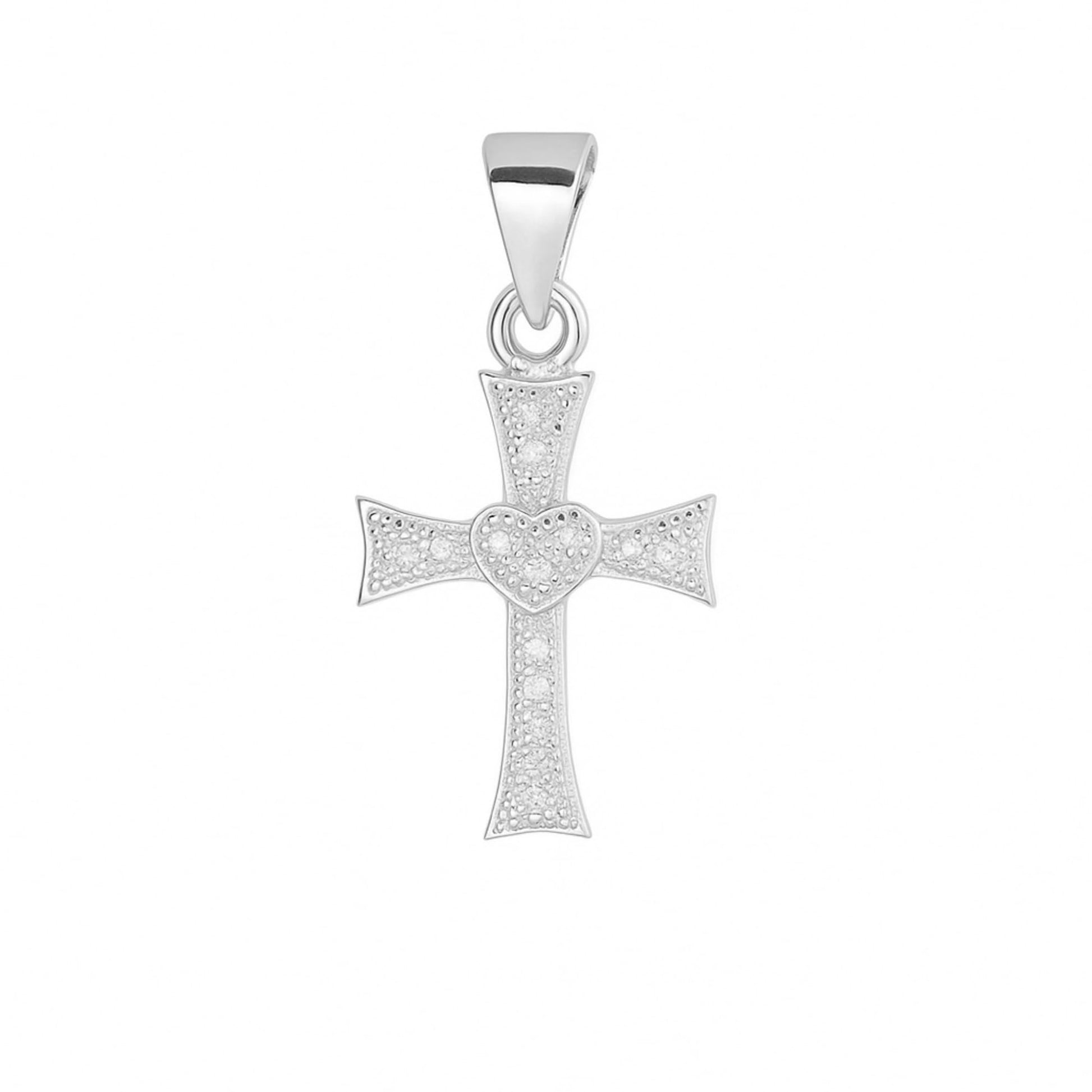 Silver cross pendant with heart center, CZ pavé sparkle