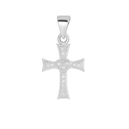 Sterling Silver Heart Cross Paved CZ Charm Pendant