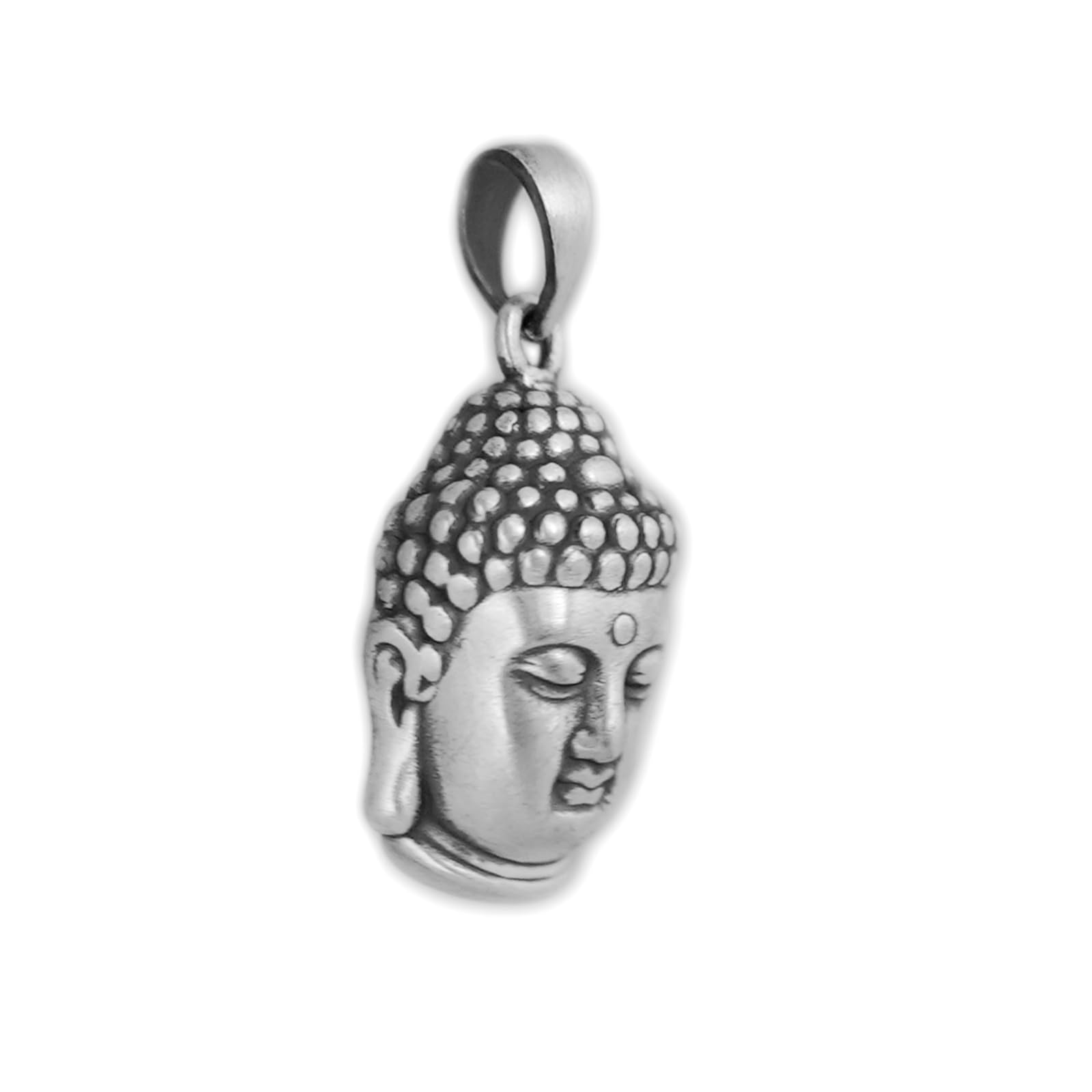 3D Buddha head pendant, side profile with beaded hair texture, silver-tone
