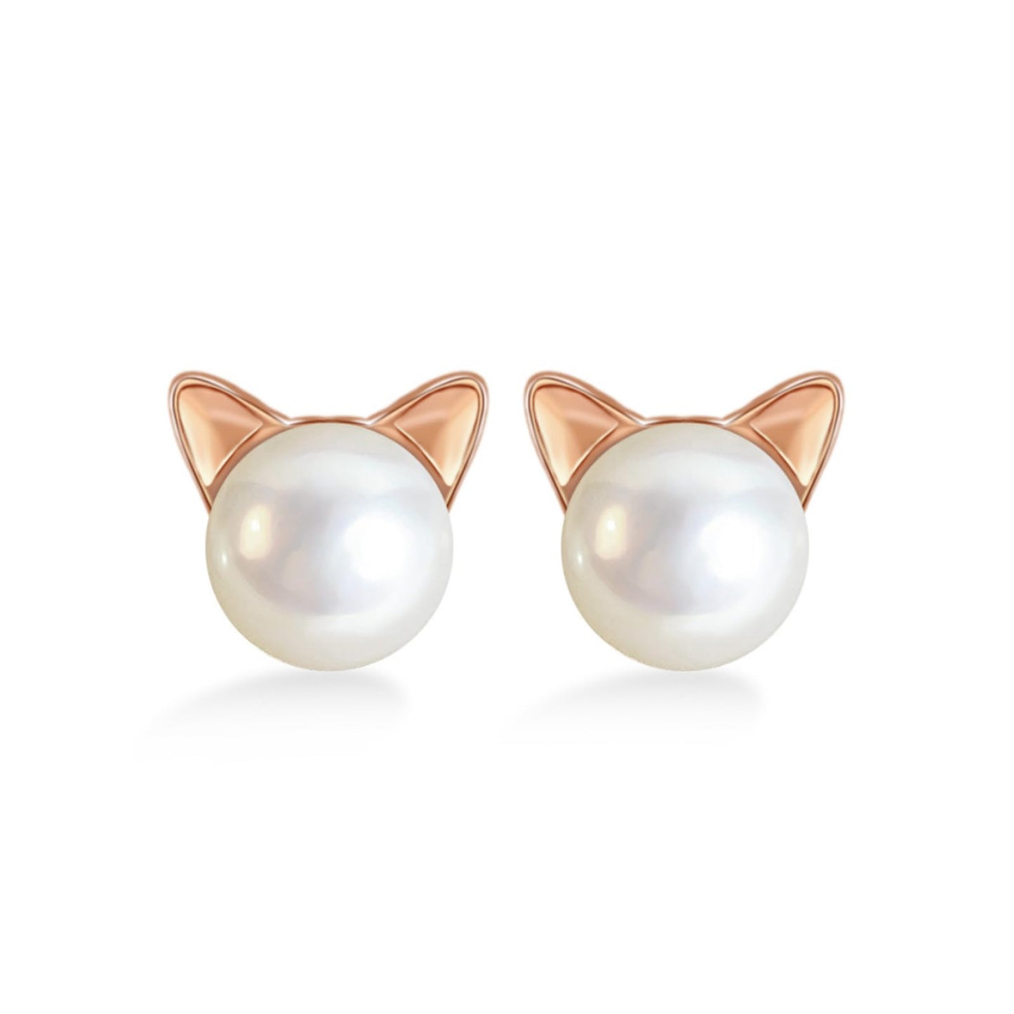 Cat pearl stud earrings with rose gold-tone cat ear frames and round white pearl centers