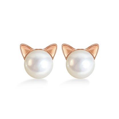 Cat pearl stud earrings with rose gold-tone cat ear frames and round white pearl centers