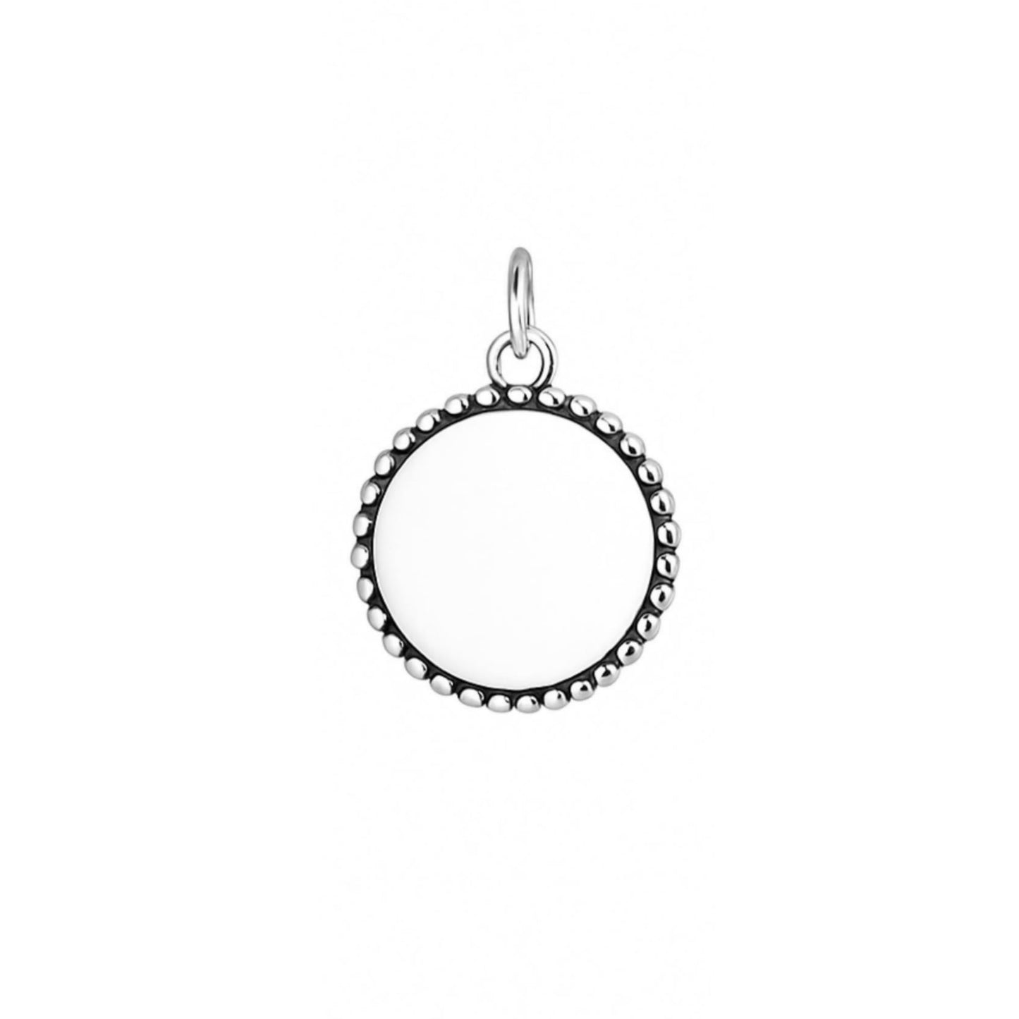 Oxidised beaded circle charm, silver-toned round pendant with small bead border