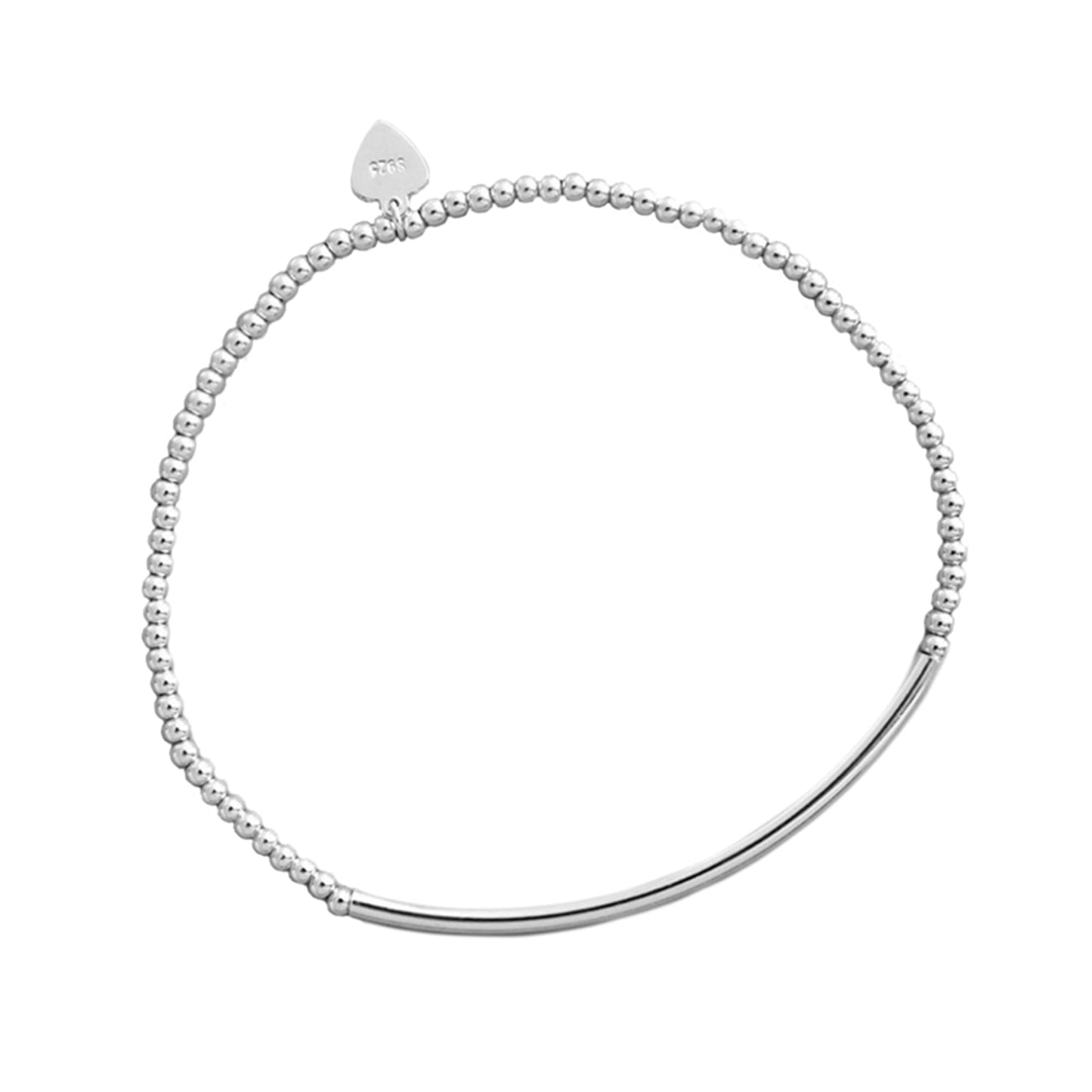 Silver beaded stretch bracelet with a smooth curved bar and small heart charm