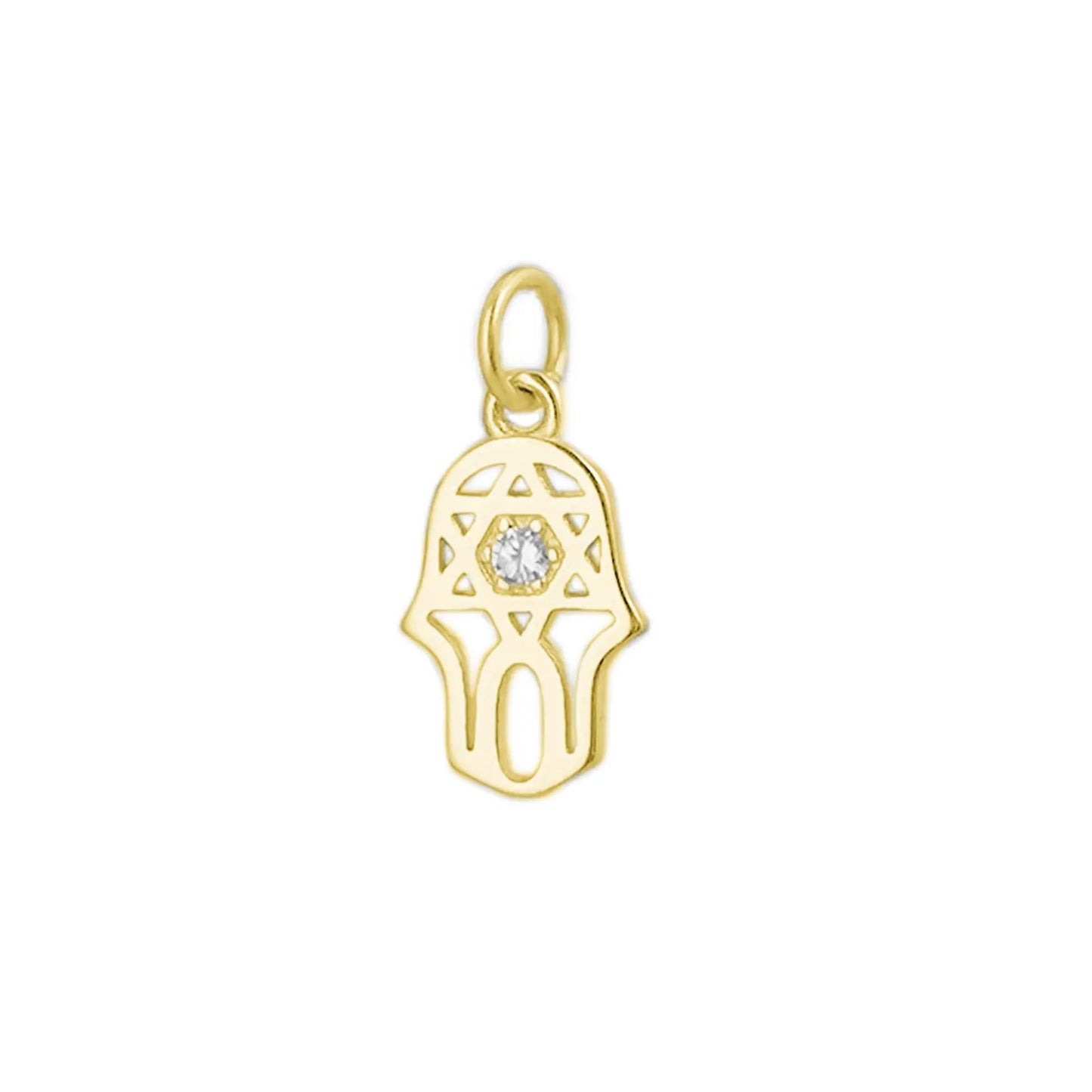 Gold hamsa protection charm pendant with central clear stone