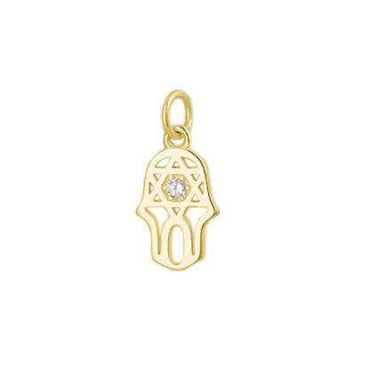 Gold hamsa protection charm pendant with central clear stone
