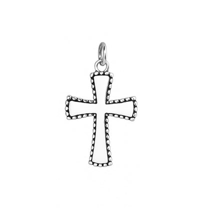Beaded cross charm with oxidised metal, loop bail, dark enamel border