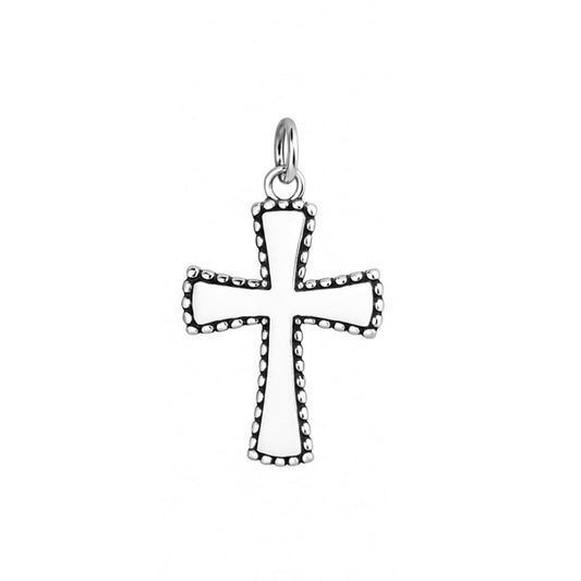 Solid 925 Sterling Silver Oxidised Shiny Beaded Edge Charm Cross Pendant