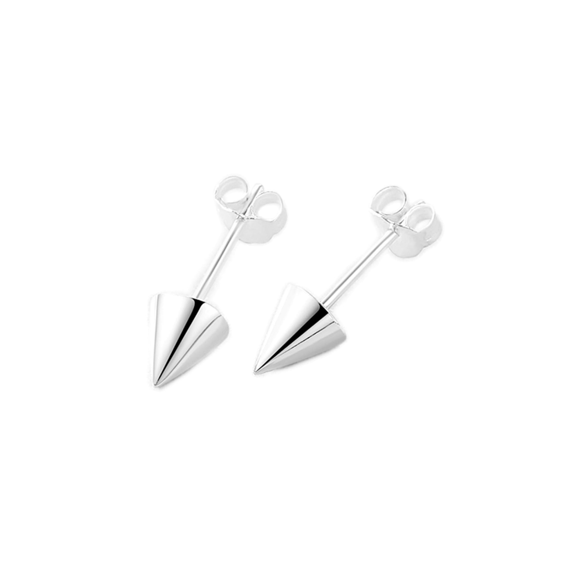 Circular cone spike stud earrings with long post backs, silver-tone pointed cone design