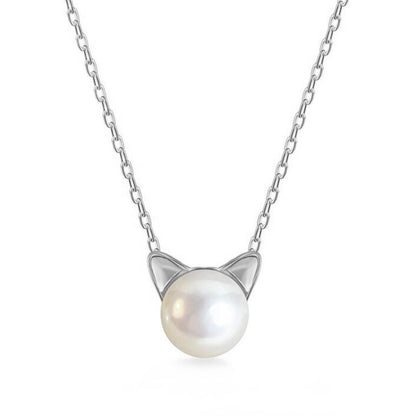 Cat pearl pendant necklace with silver-tone chain and round white pearl cat-face charm