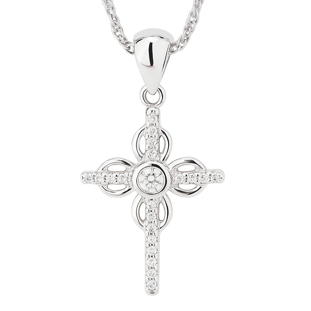 Sterling Silver Paved CZ Ribbon Cross Floral Cross Bezel CZ Centre Pendant Necklace 43cm 17''