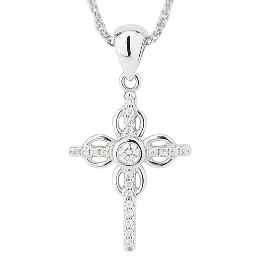 CZ cross pendant with ribbon bow, round CZ stones on silver-tone setting