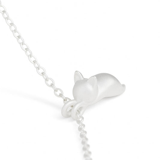Hanging Cat Necklace with silver-tone chain and cat pendant, front detail