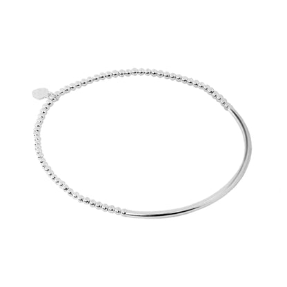 Silver stretch bracelet with beaded edge and smooth curved metal bar