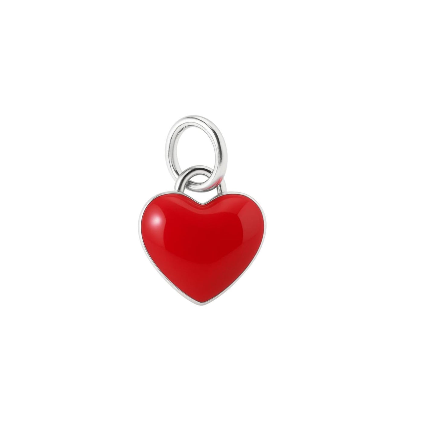 Red heart charm with silver loop, glossy glazed puffy finish