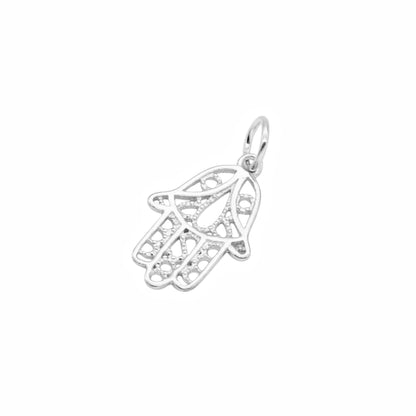 Silver hamsa hand charm pendant with ornate filigree pattern and top loop
