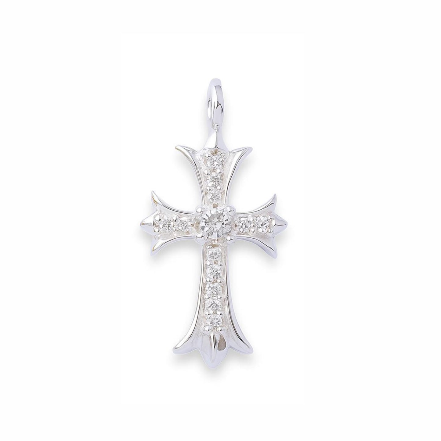 Silver cross pendant with clustered pavé stones on arms and rounded center