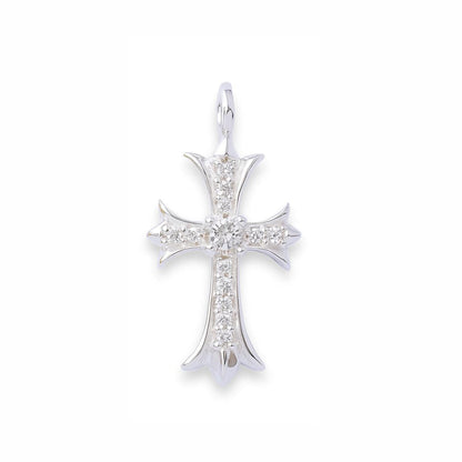 Silver cross pendant with clustered pavé stones on arms and rounded center