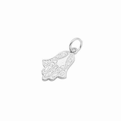 Silver hamsa hand charm pendant with textured center design and top loop