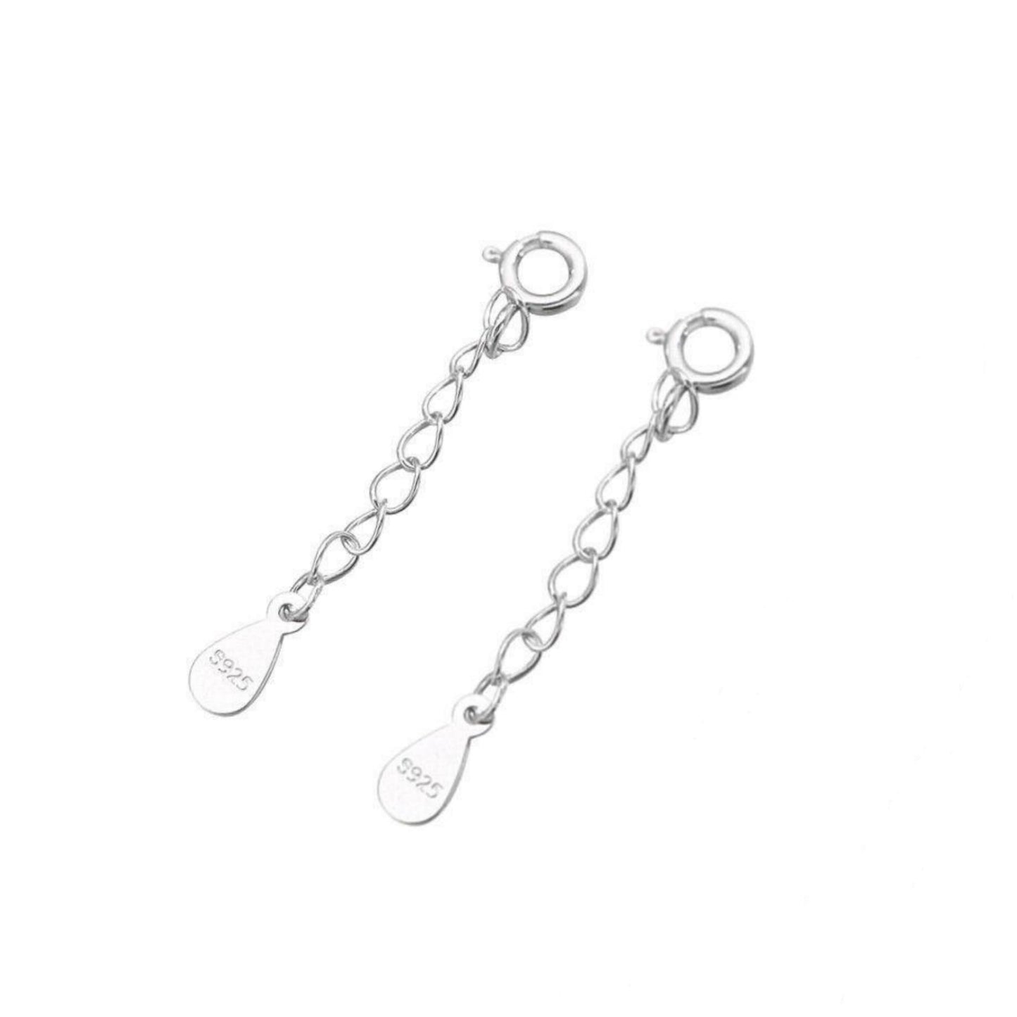 Pair of silver curb extender chains with oval links, teardrop 925-marked tags, and clasps