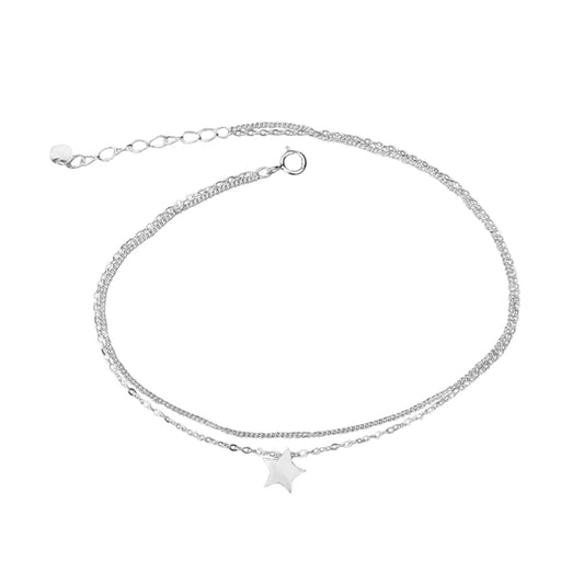 Sterling Silver Double Layer Movable Star Curb Belcher Trace Chain Anklet 19 - 22cm 8.7''