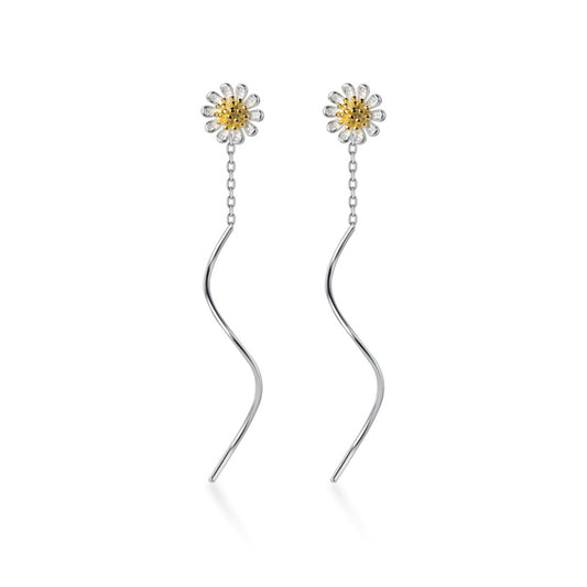 Silver daisy threader earrings with yellow center and wavy drop hooks