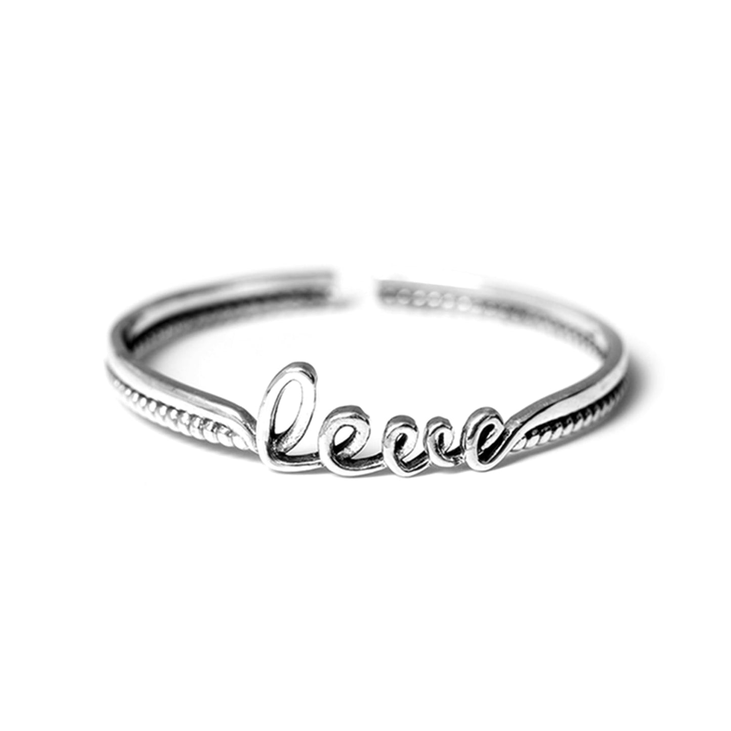 Silver rope-cuff bracelet with textured edges and a 'Love' script centerpiece.