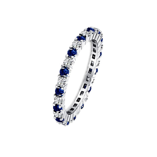 Sapphire Eternity Band in silver with blue and clear stones, full bezel set