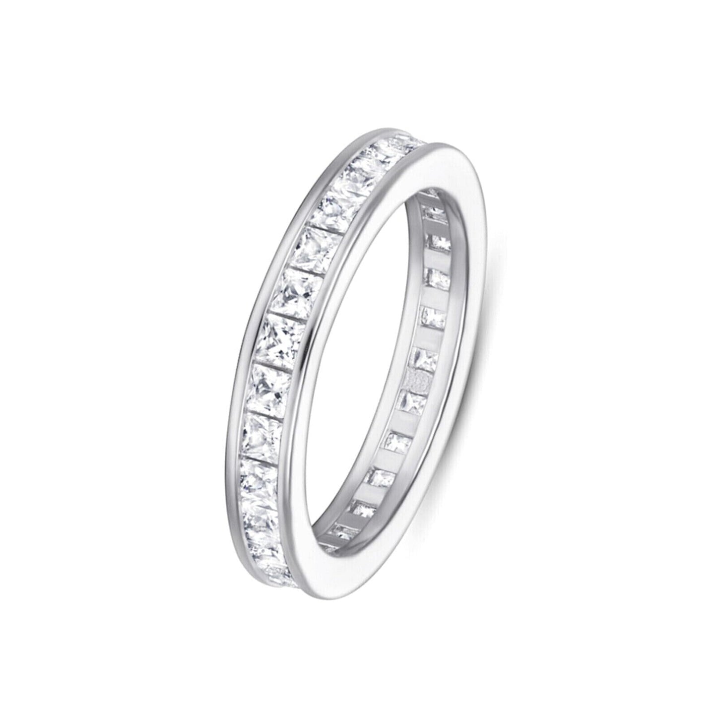 Silver-tone eternity ring with clear princess-cut stones around the band