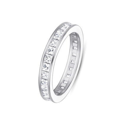 Silver-tone eternity ring with clear princess-cut stones around the band