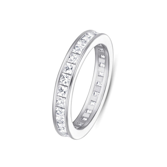 Princess Eternity Ring with silver-tone band and princess-cut stones, side view