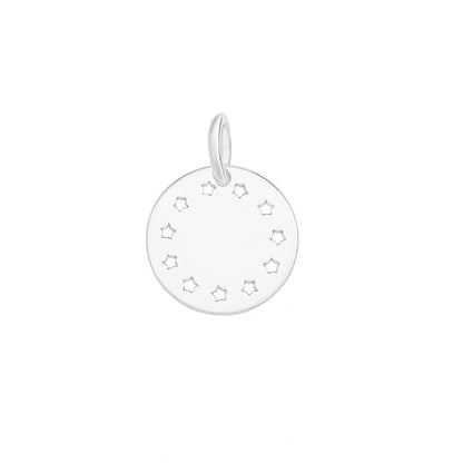 Round silver charm disc with small star cutouts and a loop at the top