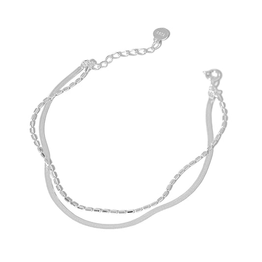 Sterling Silver Flat Snake Chain Tube Beads 2 Layers Thin Adjustable Bracelet 15.5 - 19cm 7.5''