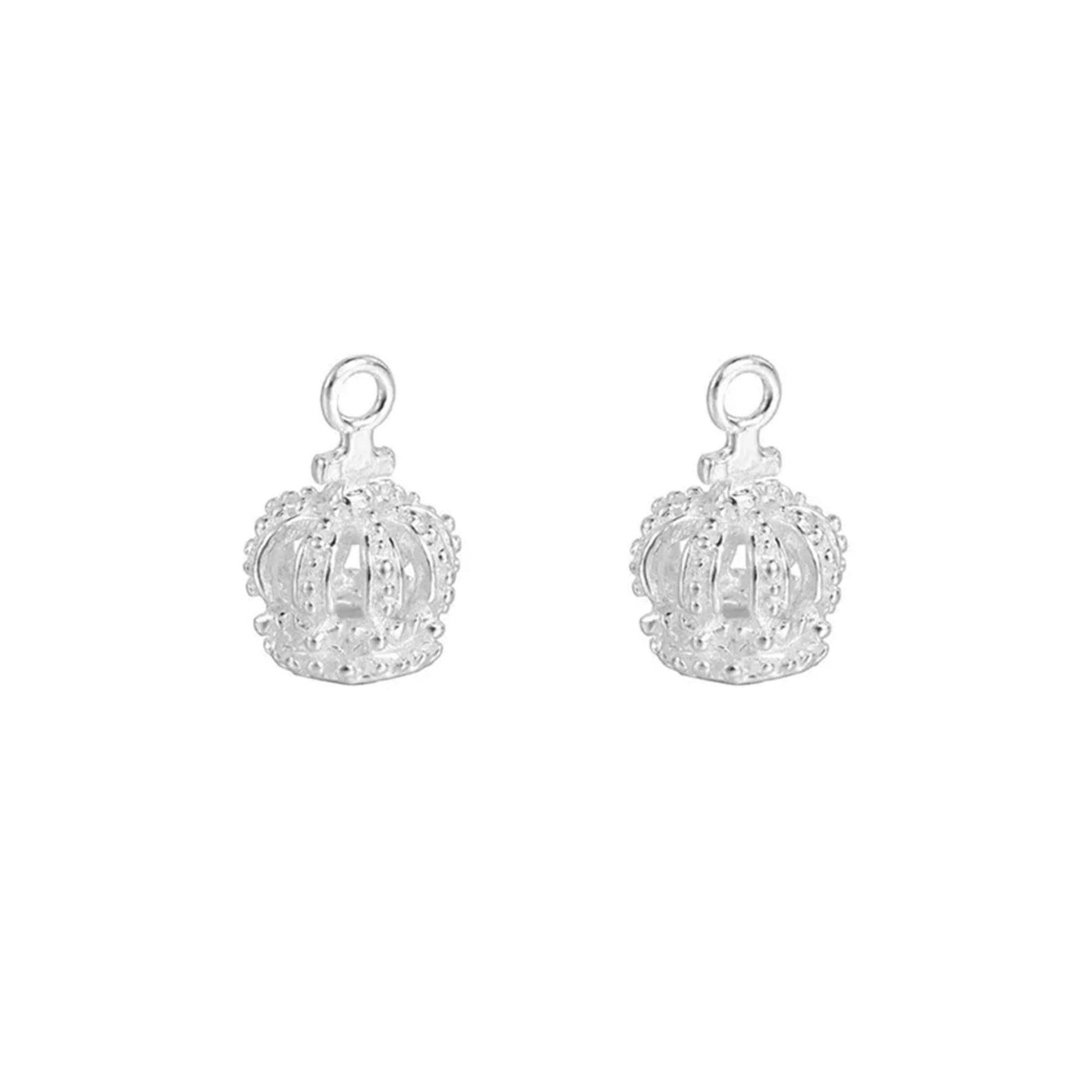 Mini crown charm pair on white background, silver-tone crowns with loop bail