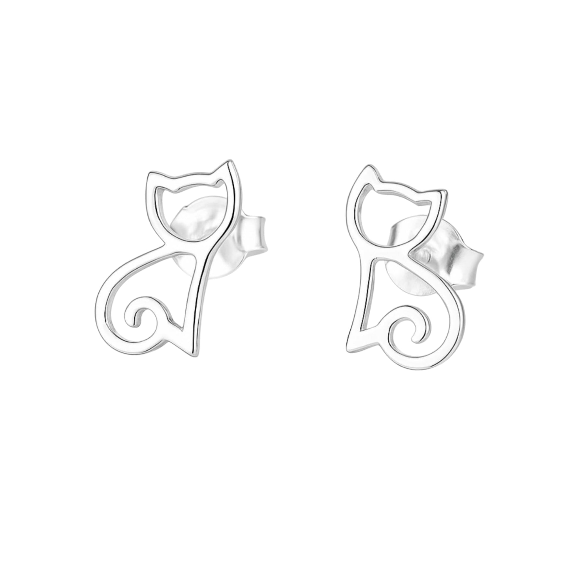 Cat-shaped silver stud earrings with outline design and curled tail