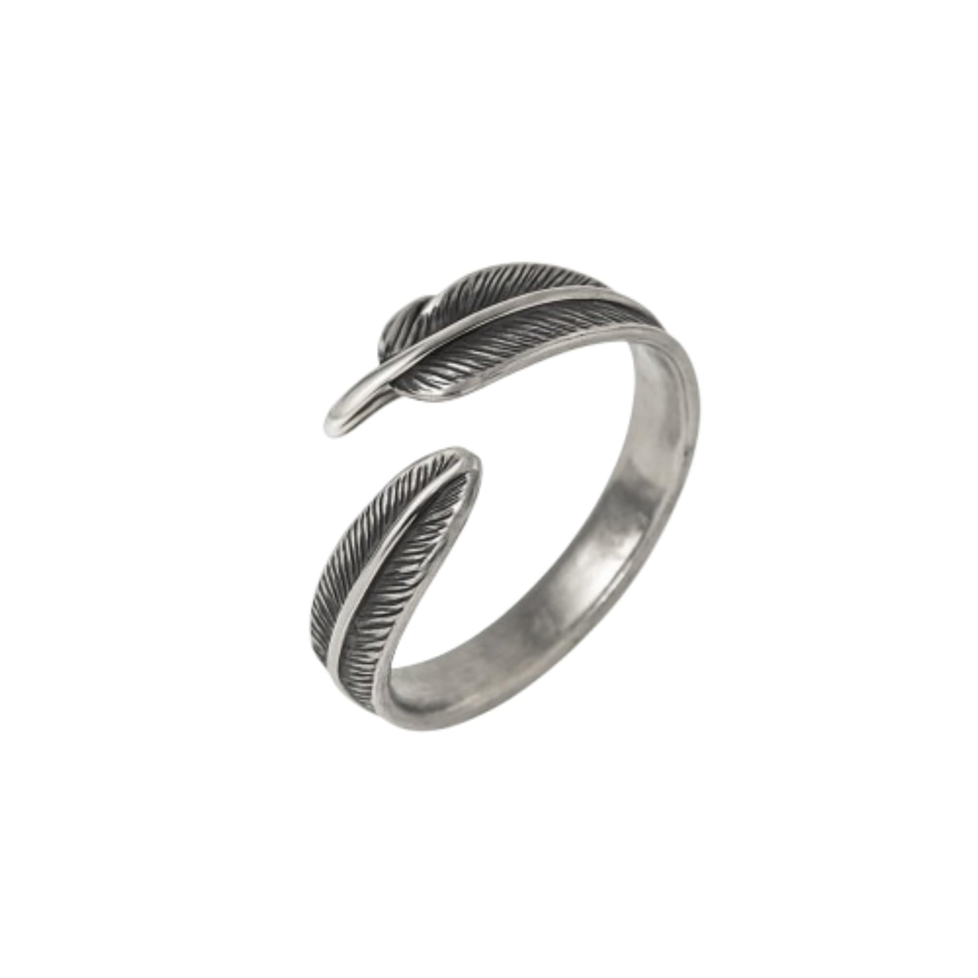 Silver feather-wing wrap ring with raised leaf-texture band, open top view