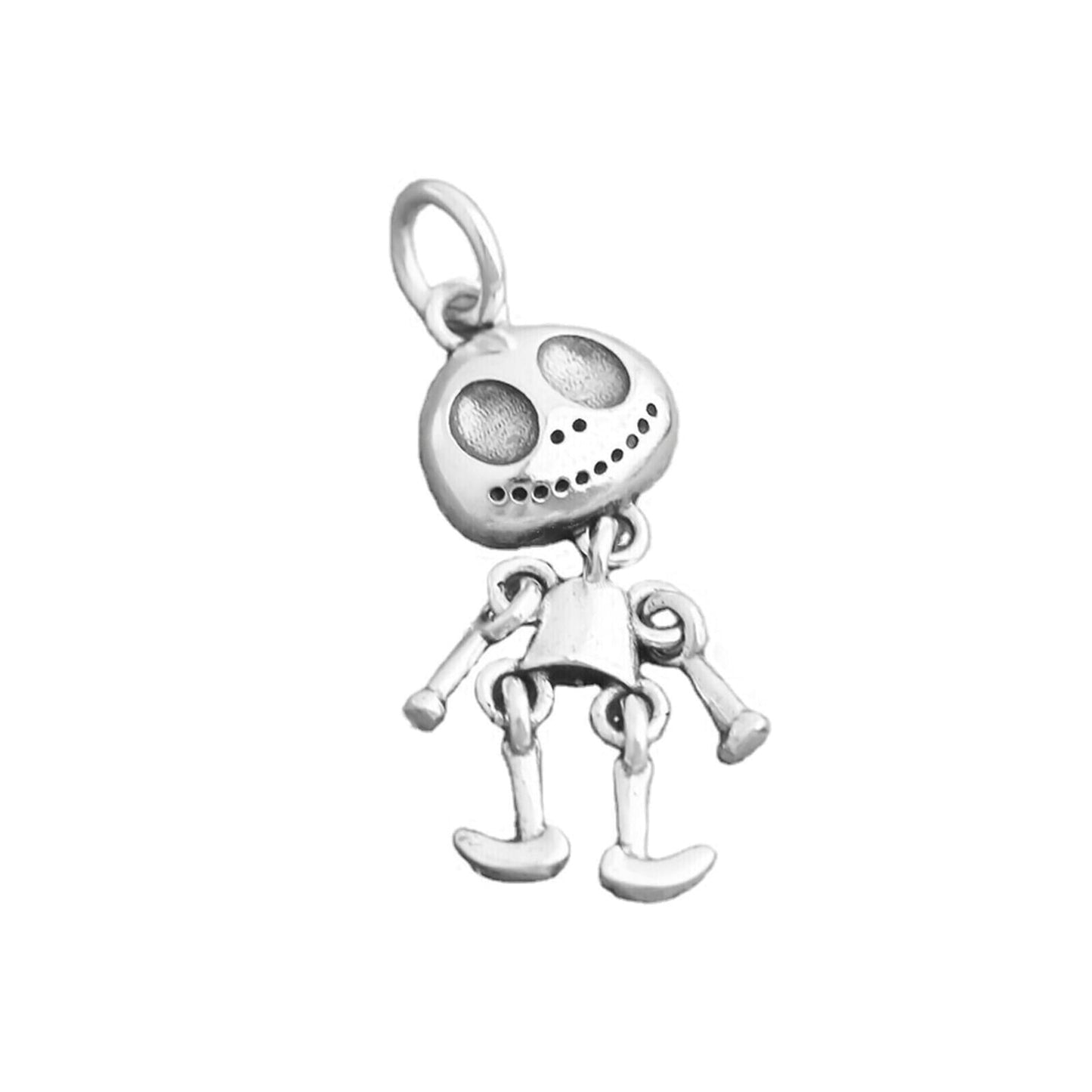 Movable ghost face pendant shown in profile, silver-tone with bead-like eyes