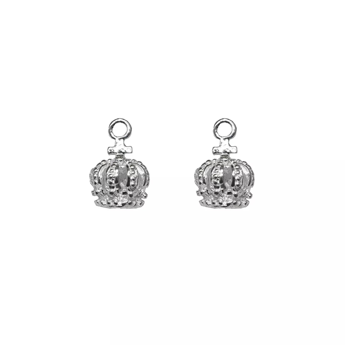 Mini crown charm pair on white background, silver-tone crowned pendants with loop bails