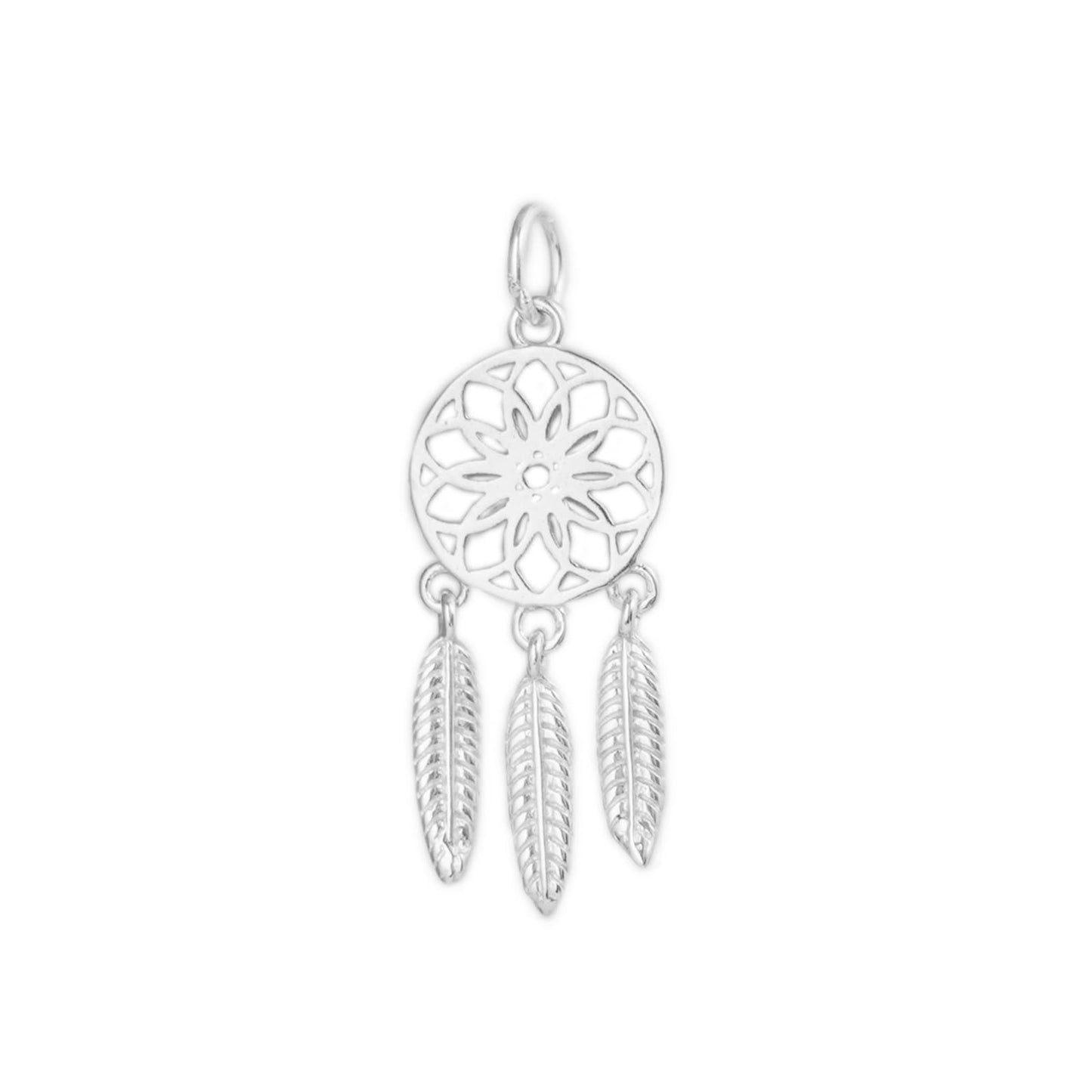 Dream Catcher Charm: silver-tone round filigree charm with three hanging feathers